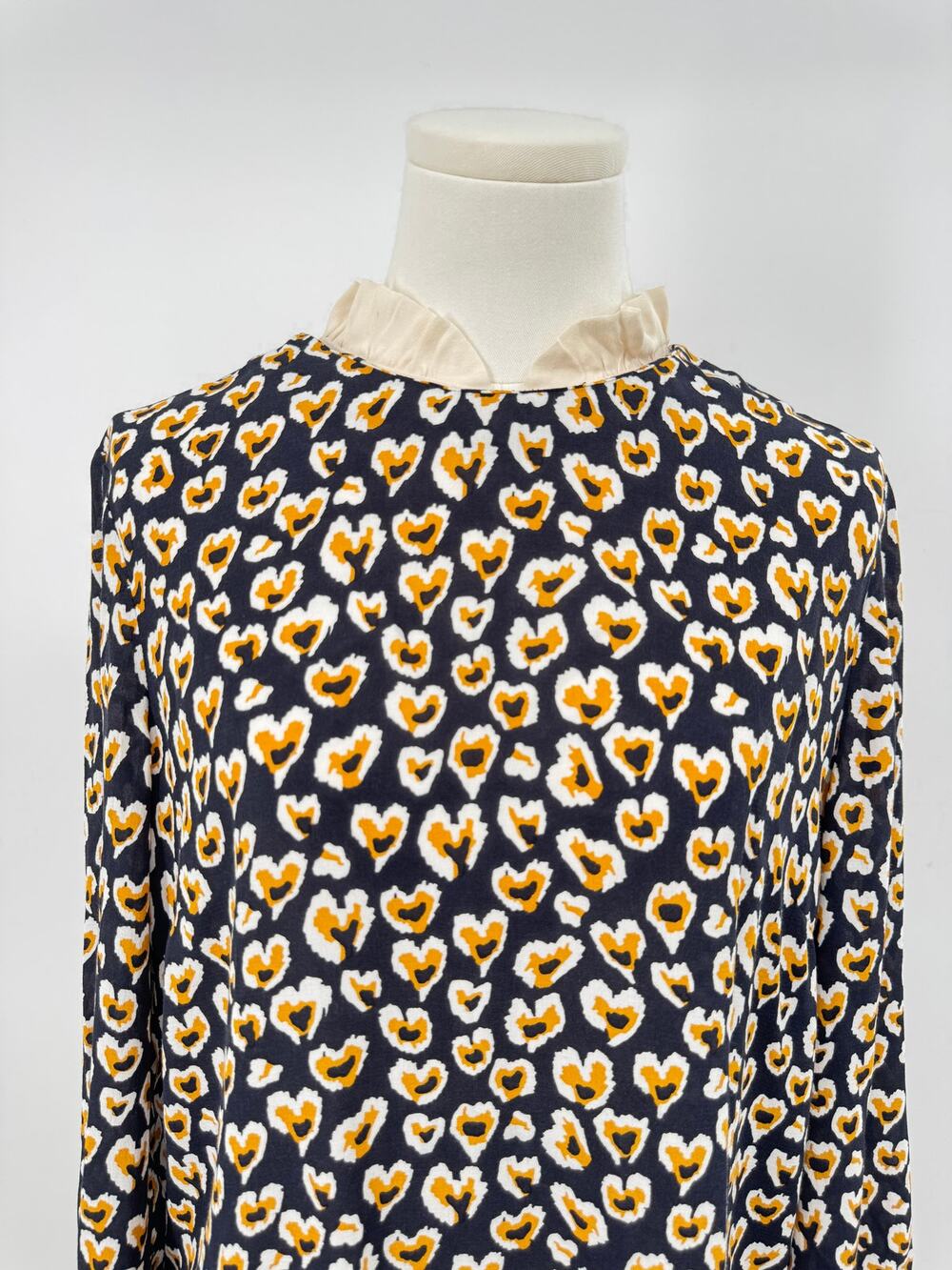 Sandro Black Yellow Ruffle Neck Blouse Heart Animal Print Top 2 M